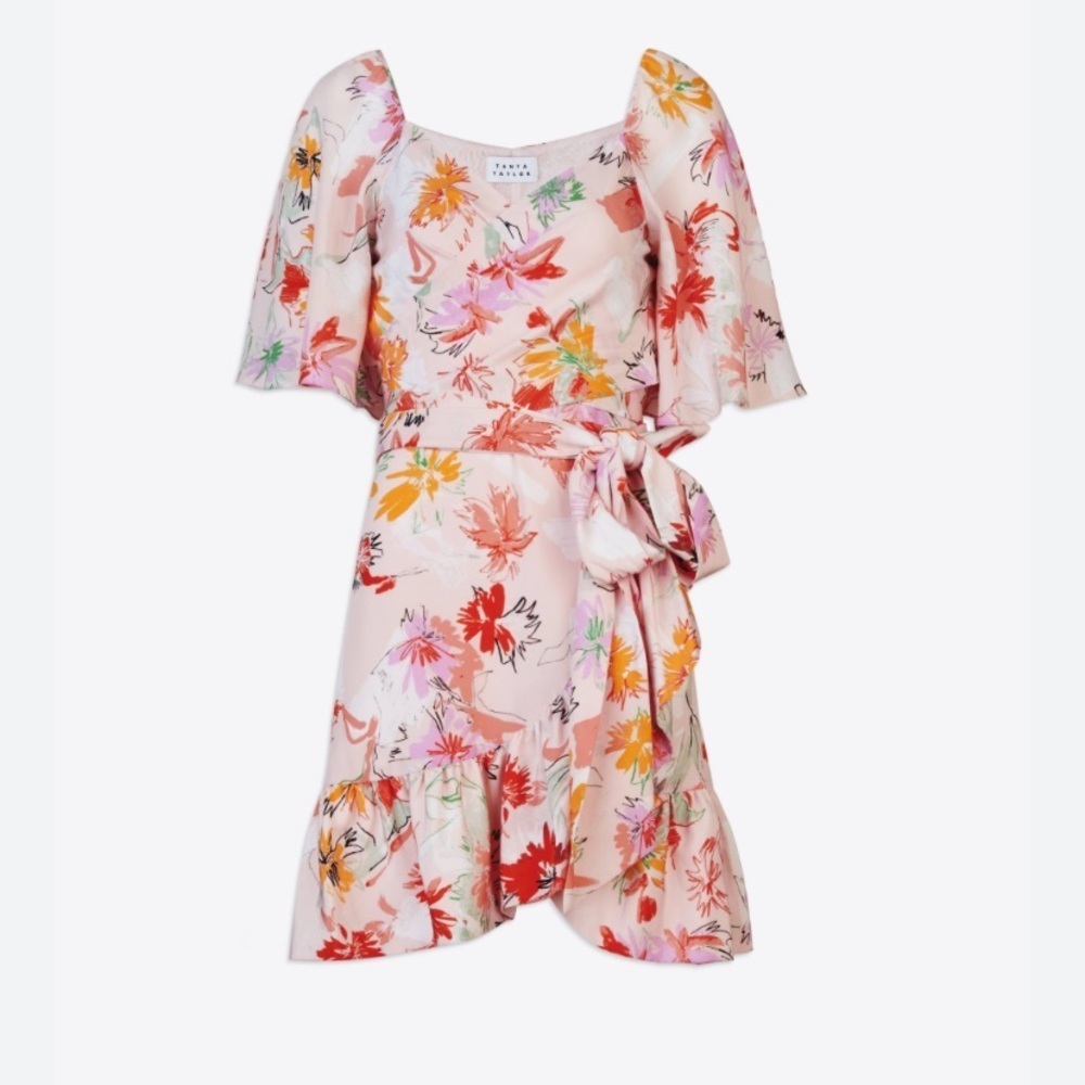 Tanya Taylor Anastasia Silk Floral Wrap Ruffled Dress Size 2 new Coquette